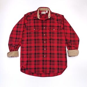 Vintage Cabela's Red Flannel Mens‎ L Button Up Corduroy Trim Hunting Outdoors